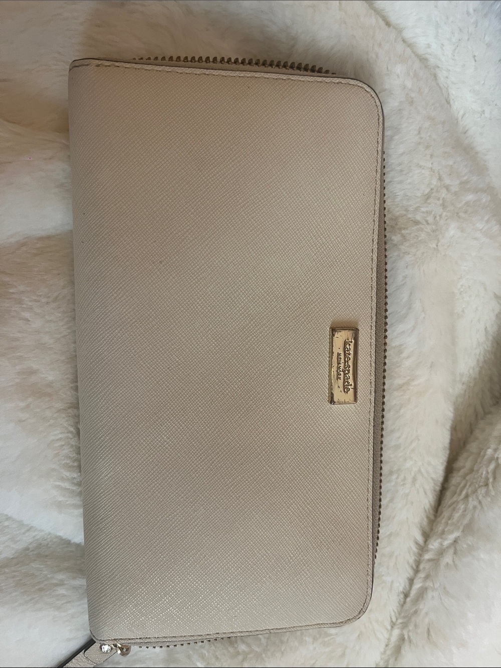 kate spade Beige Zip Around Wallet with Gold Plaque